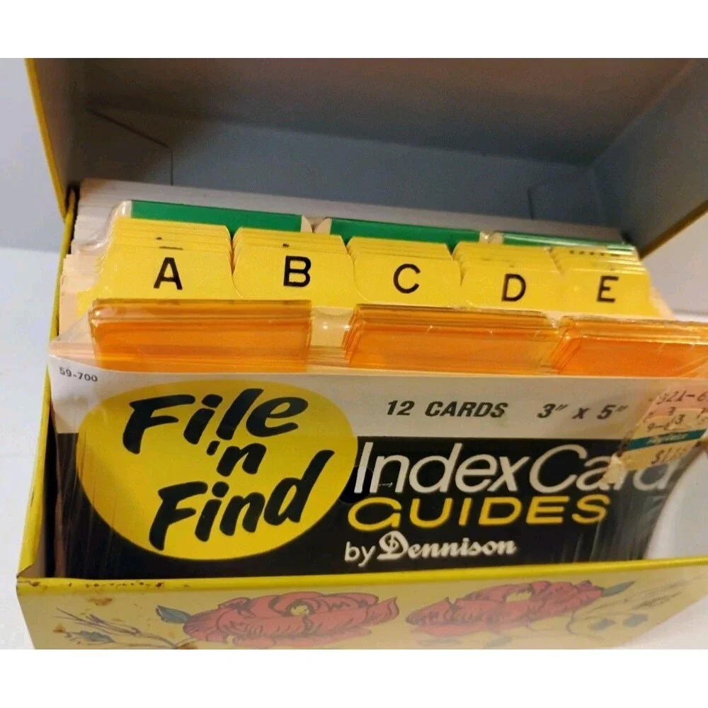 Vintage Grey Gardens Yellow Tin Recipe Box with New File n Find Index Cards